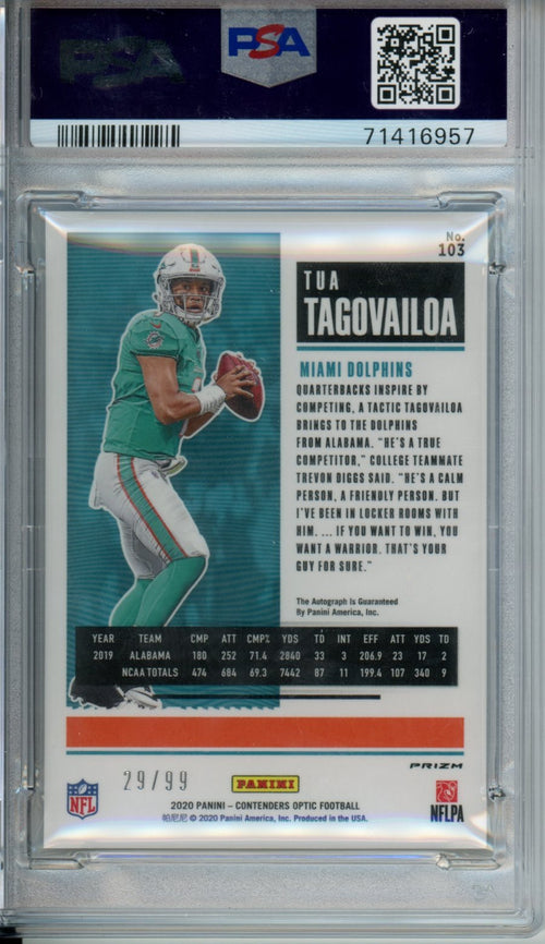 2020 Panini Contenders Optic Tua Tagovailoa Rookie Auto Teal /99 PSA 9/10