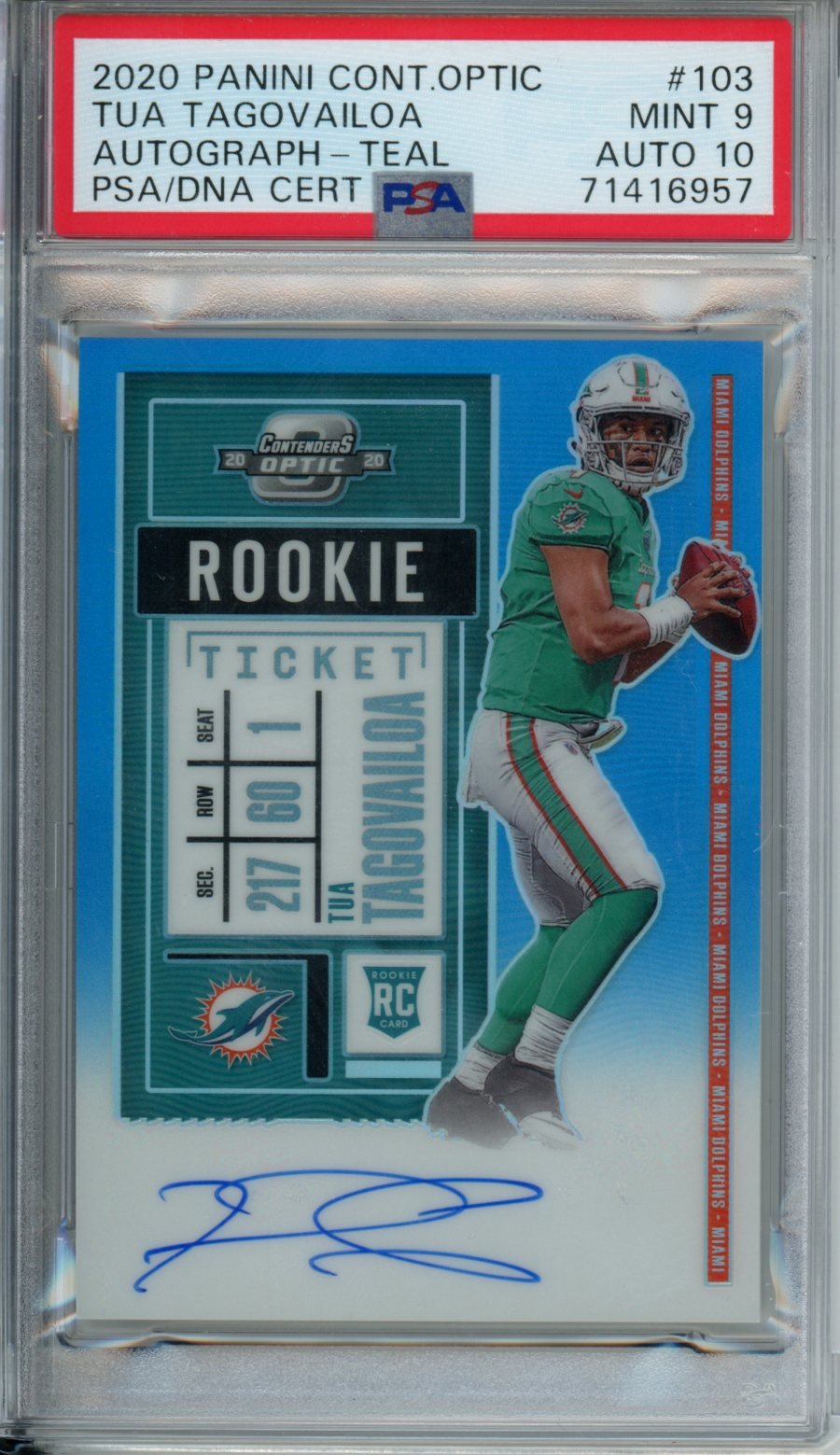 2020 Panini Contenders Optic Tua Tagovailoa Rookie Auto Teal /99 PSA 9/10