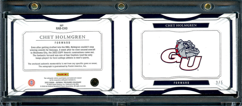 2022/23 Panini National Treasures Collegiate Chet Holmgren Rookie RPA Booklet /5 Laundry Tag Thunder
