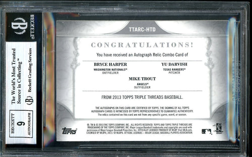 2013 Topps Triple Threads Bryce Harper/Mike Trout/Yu Darvish Triple Patch Auto /36